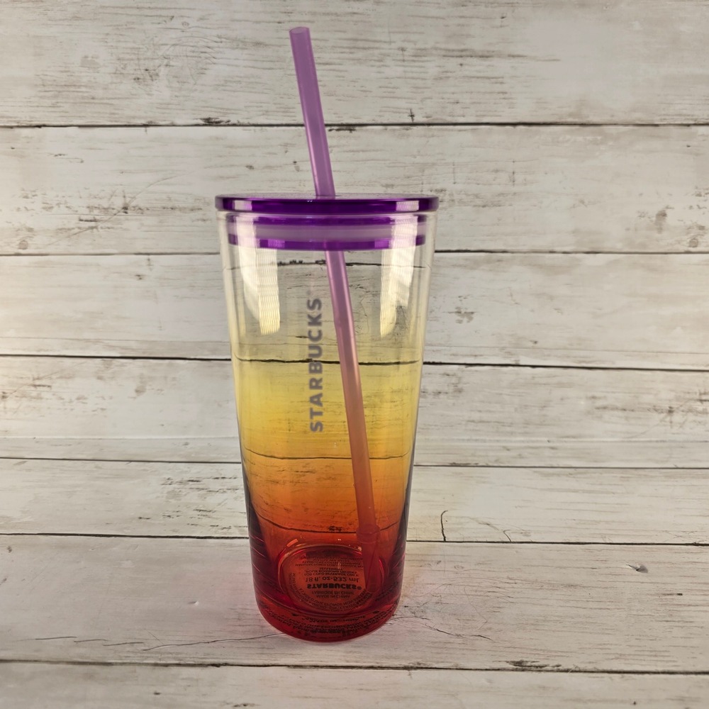 Starbucks 2021 Ombre Sunset Tumbler 18oz Red Orange Yellow Purple Lid Straw